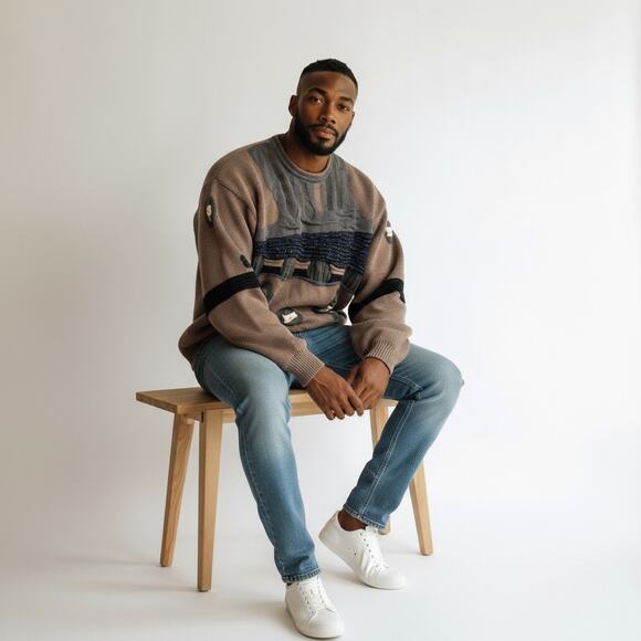 VINTAGE ABSTRACT PATTERN KNITTED PULLOVER SWEATER COOGIE STYLE A.DINER MEN SZ XL - Picture 2 of 14